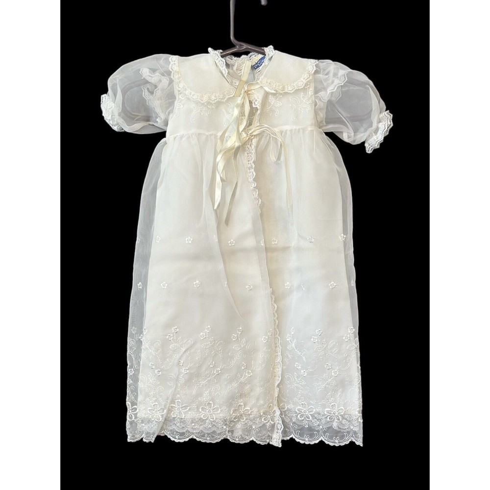 Vtg Phyllis Baby Wear Christening Dress Set White Embroidery Floral Gown Bonnet